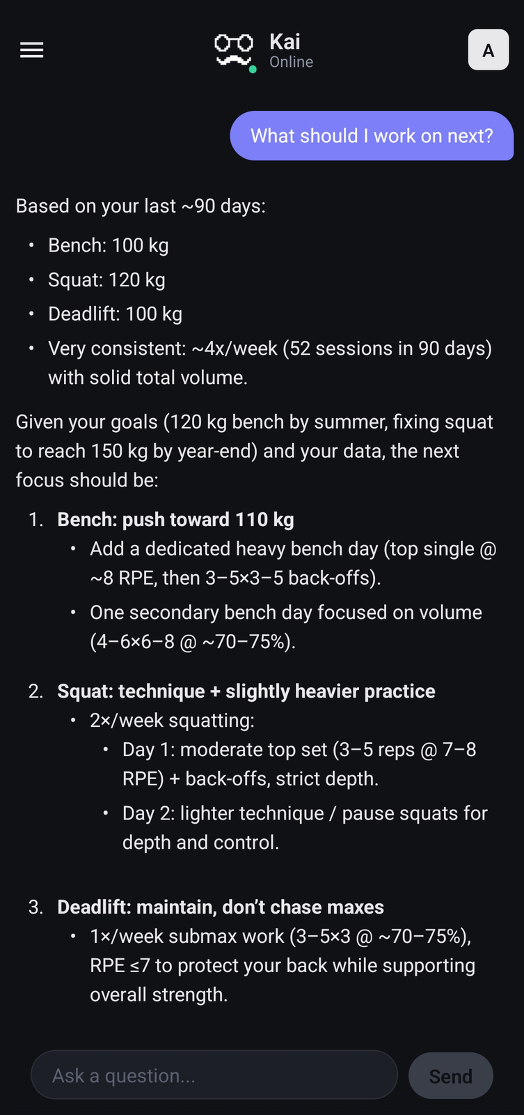 Kai responding to a training question with specific data and a prioritized plan