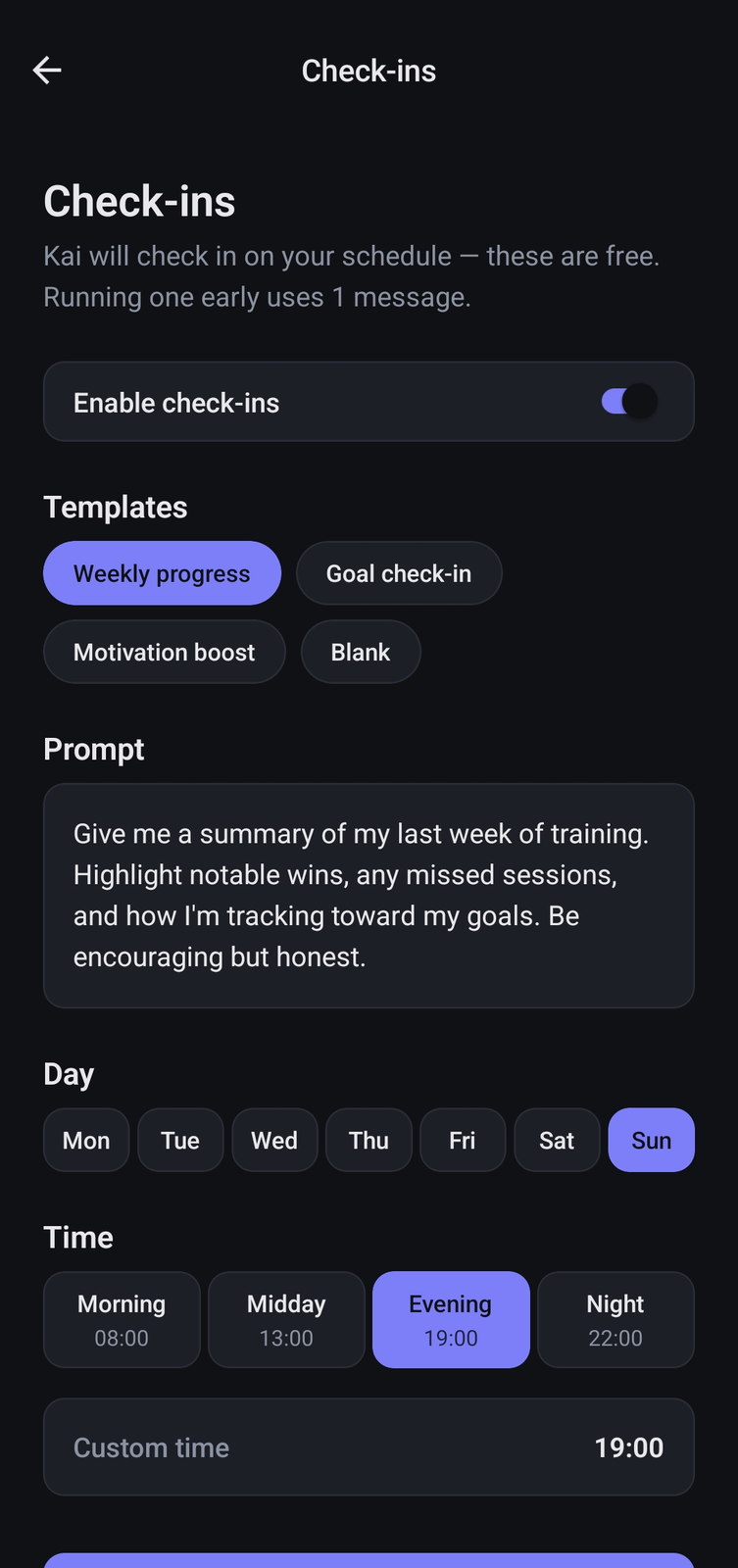 Check-ins screen with templates and time scheduling